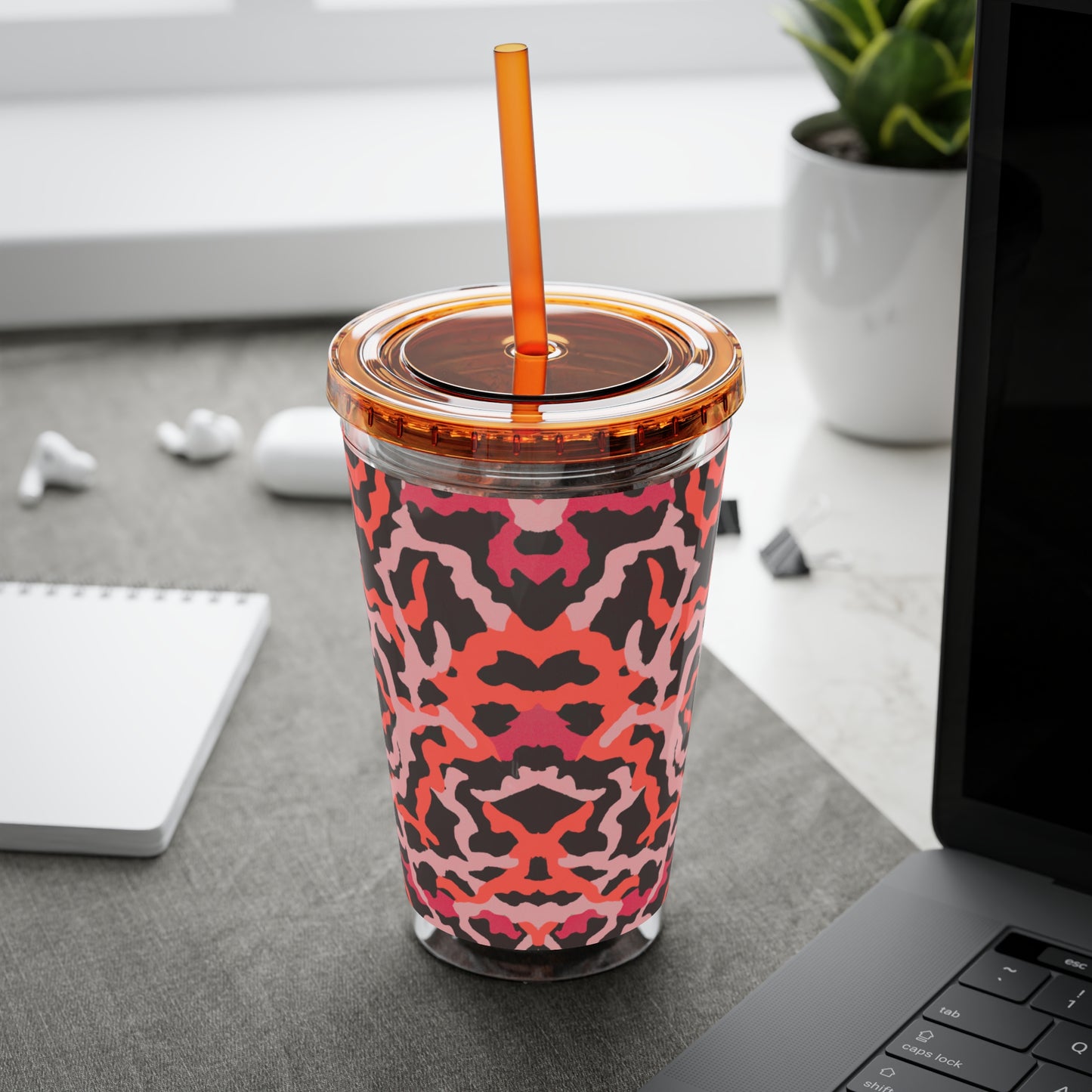 Tropical Tumbler with Straw | 16oz Colorful Travel Cup / Coral Threads, Red