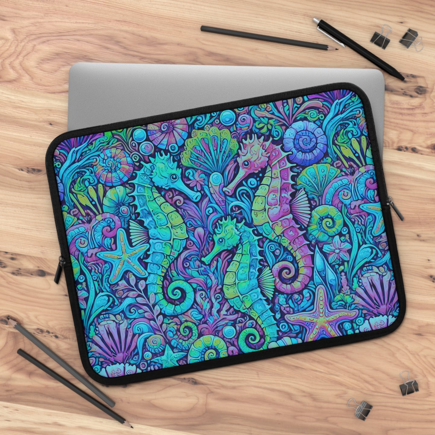 Tropical Laptop Sleeve, 5 Sizes - Perfect for Beach Lovers & Students / Seahorses, Turquoise POP