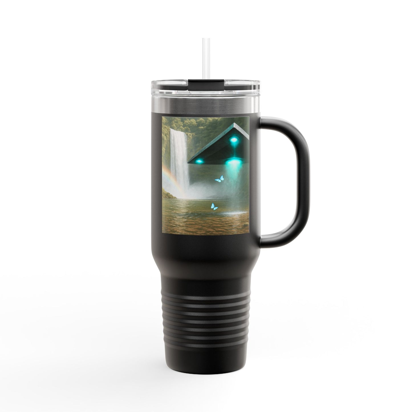 Insulated Travel Mug, 40oz / UFO and Waterfall in Rainforest