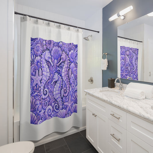 Tropical Shower Curtain - Ocean Bathroom Decor / Seahorse Trio Amethyst/White