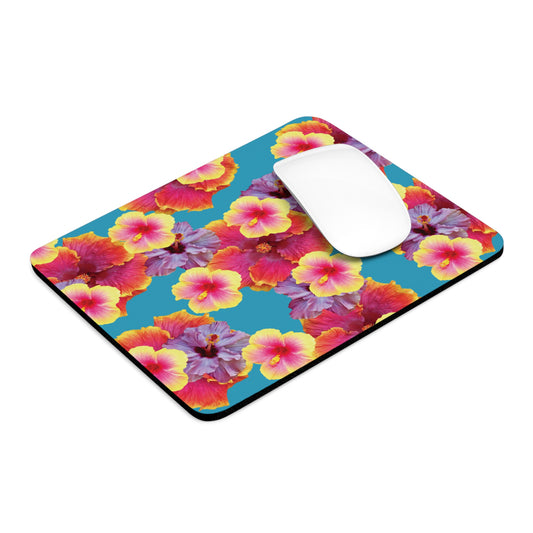 Tropical Mouse Pad, 2 Shapes - Floral Vibes for Home Office & Gamer / Hibiscua Mix, Turquoise