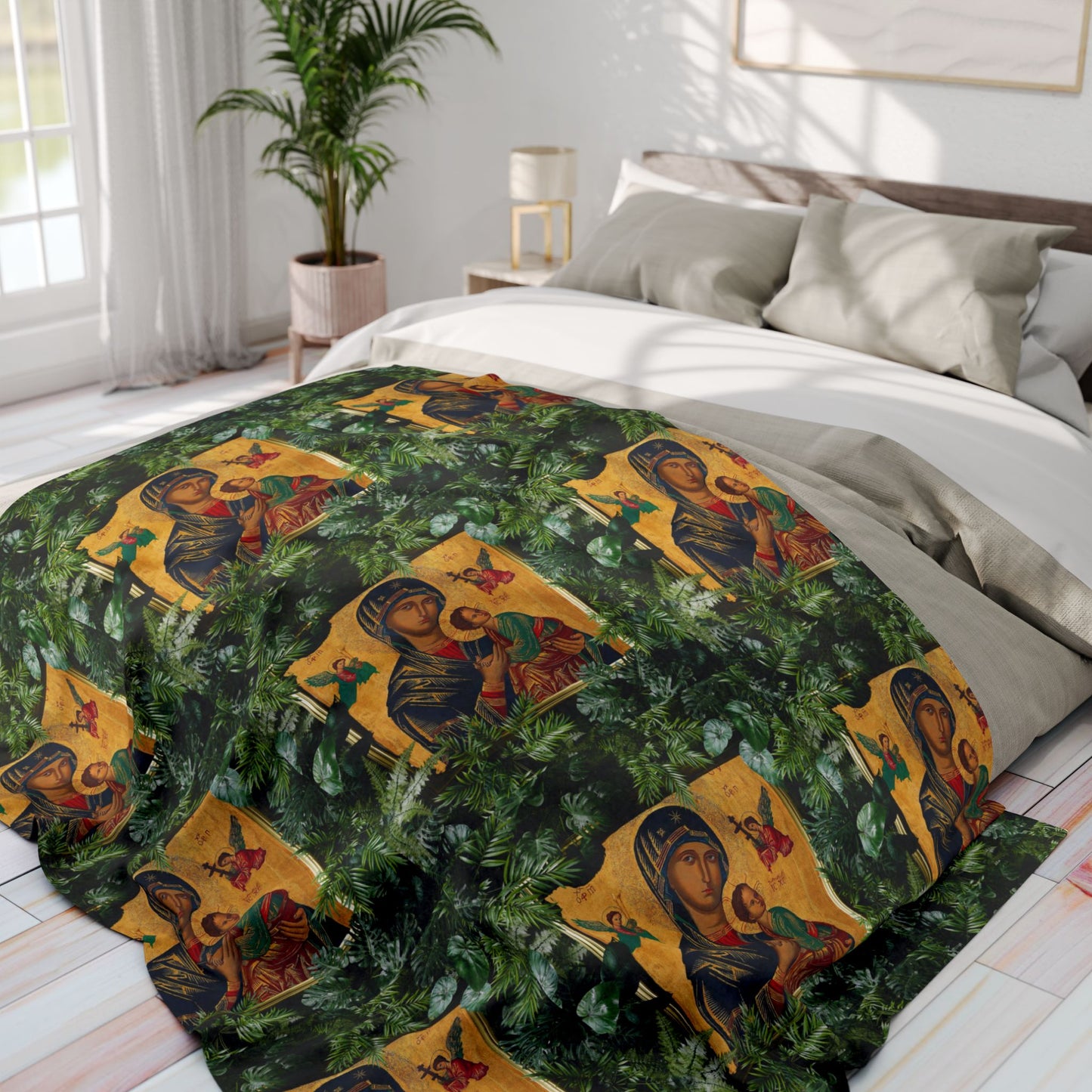 Our Lady of Perpetual Help Religious Fleece Blanket - Colorful Tropical Design