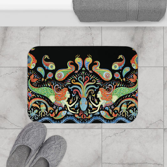 Tropical Bath Mat | Fun and Colorful Bathroom Decor / Mermaid Kingdom, Black