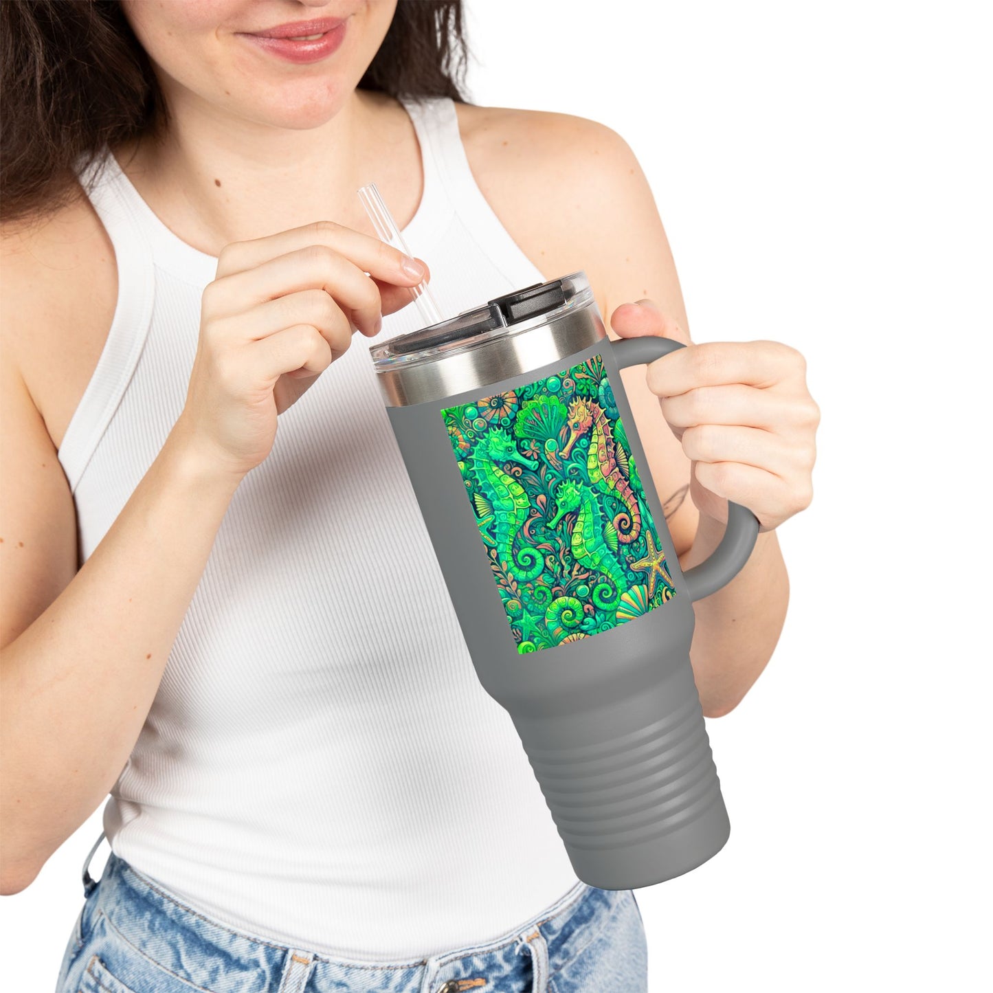 Seahorses Lime Insulated Travel Mug - 40oz - Perfect for Outdoor Adventures