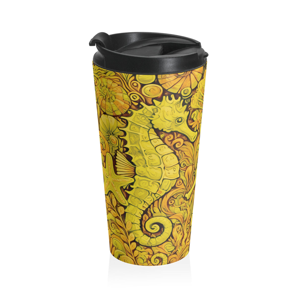 15 oz. Stainless Steel Travel Mug / Seahorse Trio, Yellow