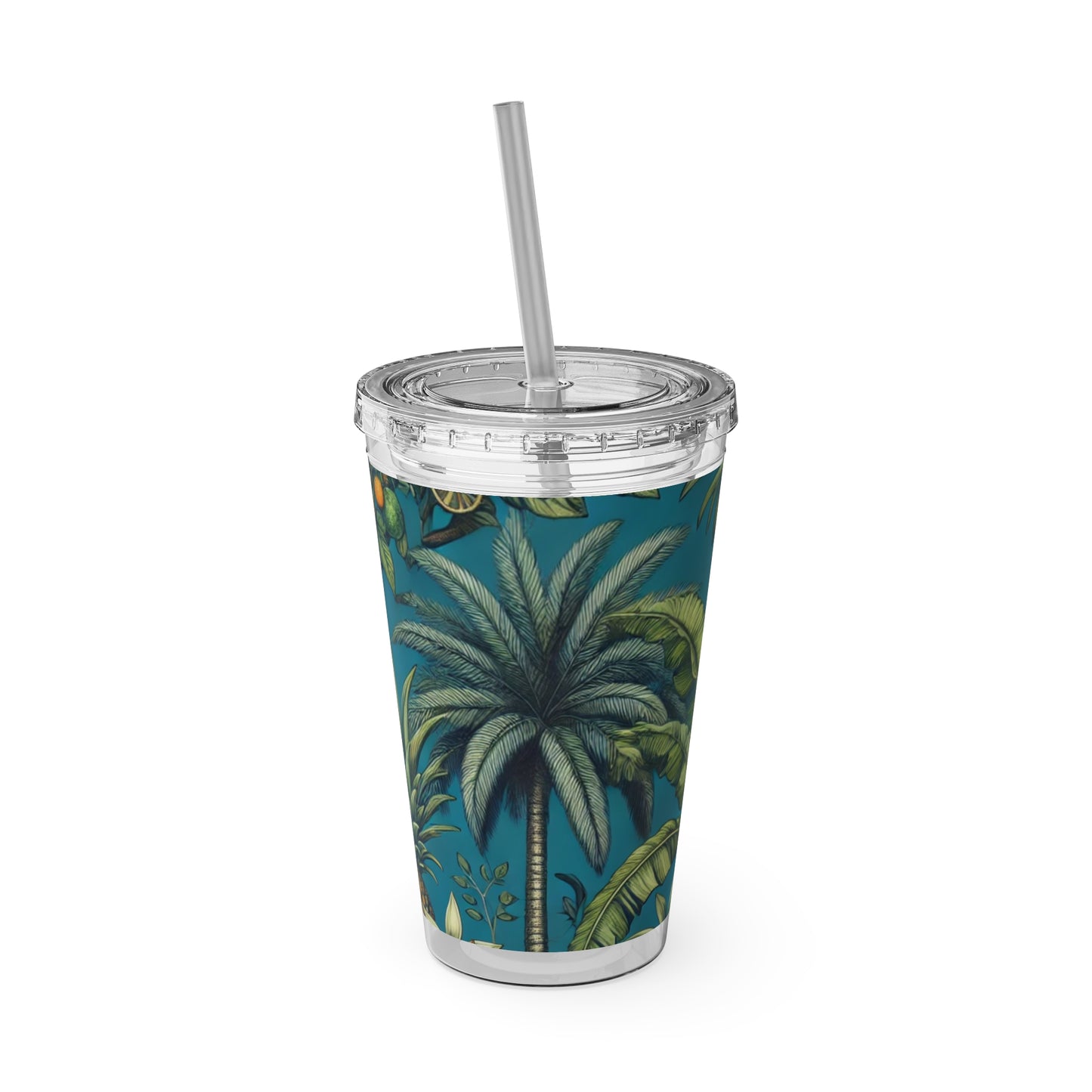 Tropical Tumbler with Straw | 16oz Colorful Travel Cup / Tropical Fruit Blue