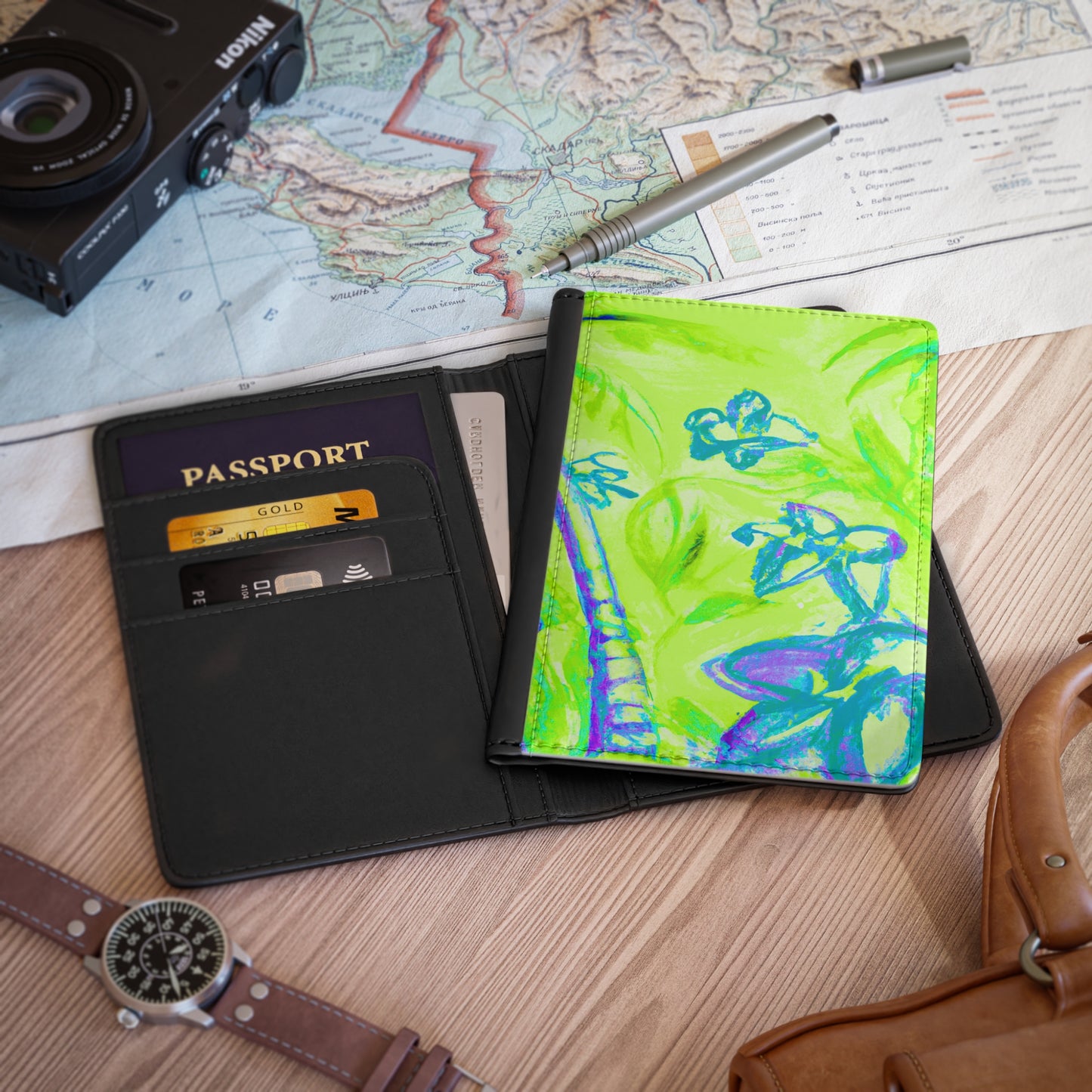Tropical Passport Cover, Faux Leather - RFID blocking for travel security / Tropical Doodles, Lime