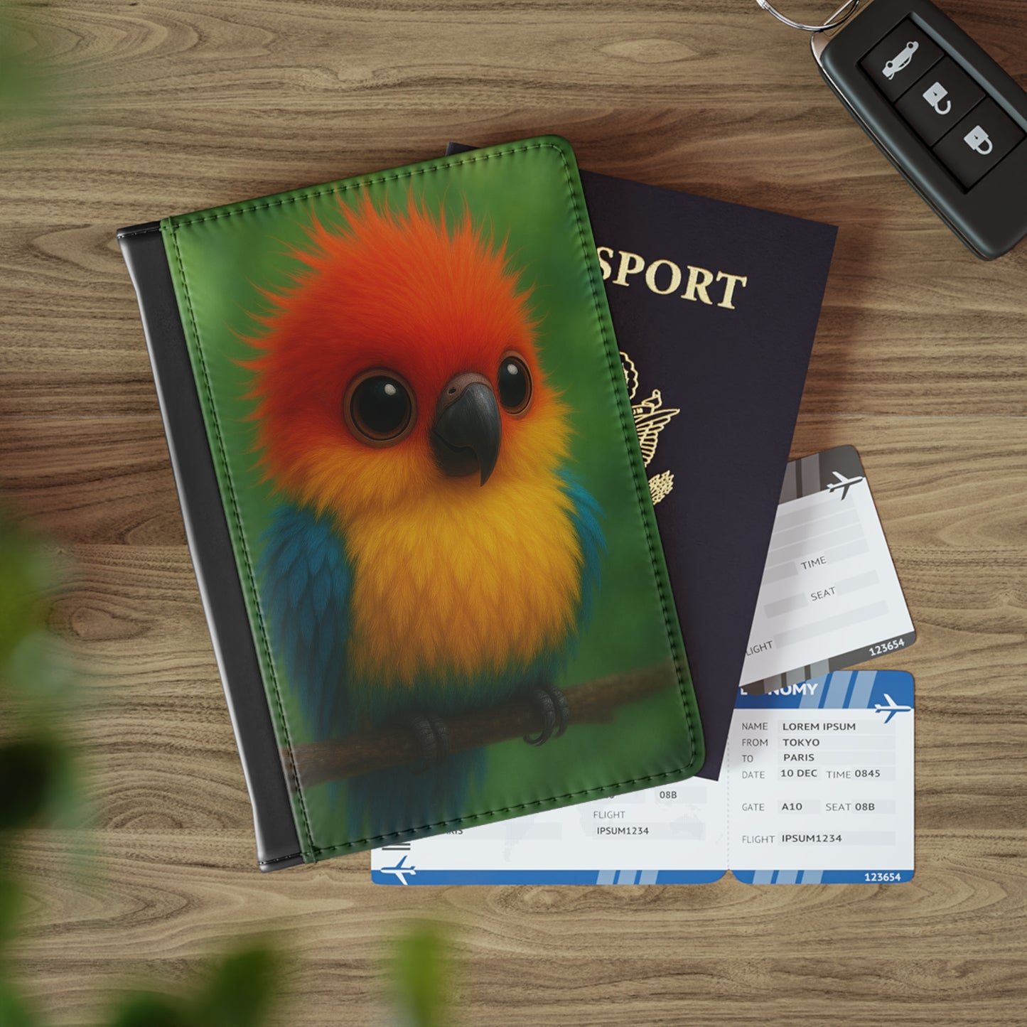Tropical Passport Cover, Faux Leather - RFID blocking for travel security / Rainforest Baby Parrot