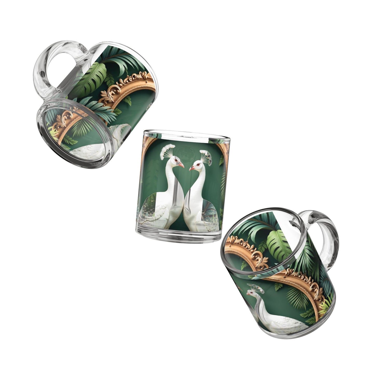 Tropical Glass Mug - 10oz Coffee Cup / White Peacocks