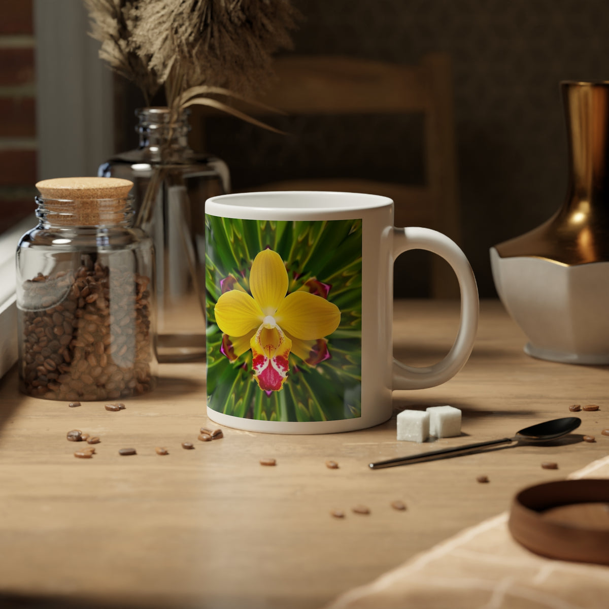 Jumbo Mug, 20oz, Yellow Orchid Kaleidoscope | Tropical Coffee Cup