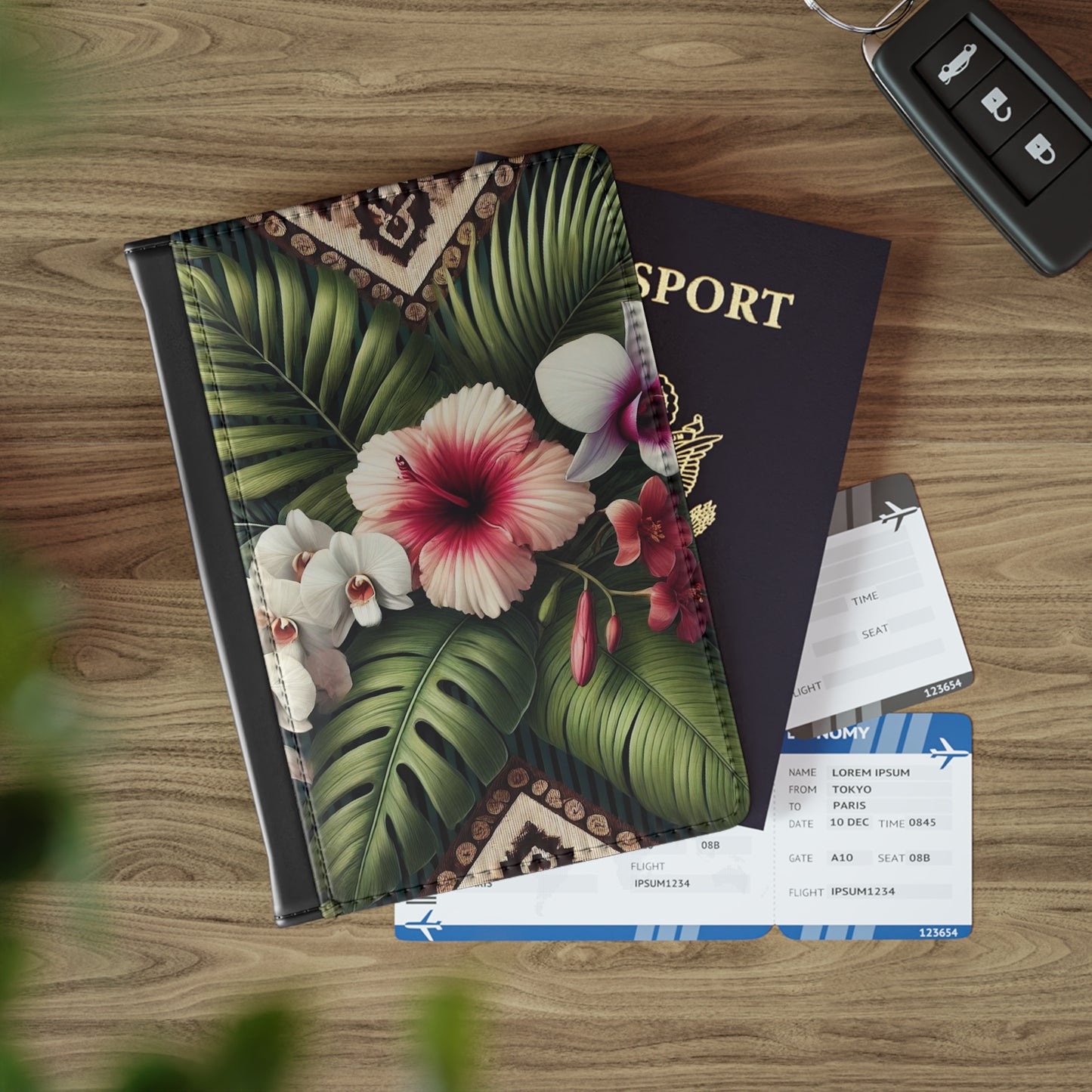 Tropical Passport Cover, Faux Leather - RFID blocking for travel security / Tiki Orchids