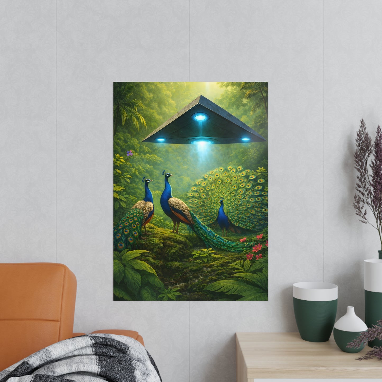 Photopaper Poster — UFO & Peacocks Sci‑Fi Wall Art