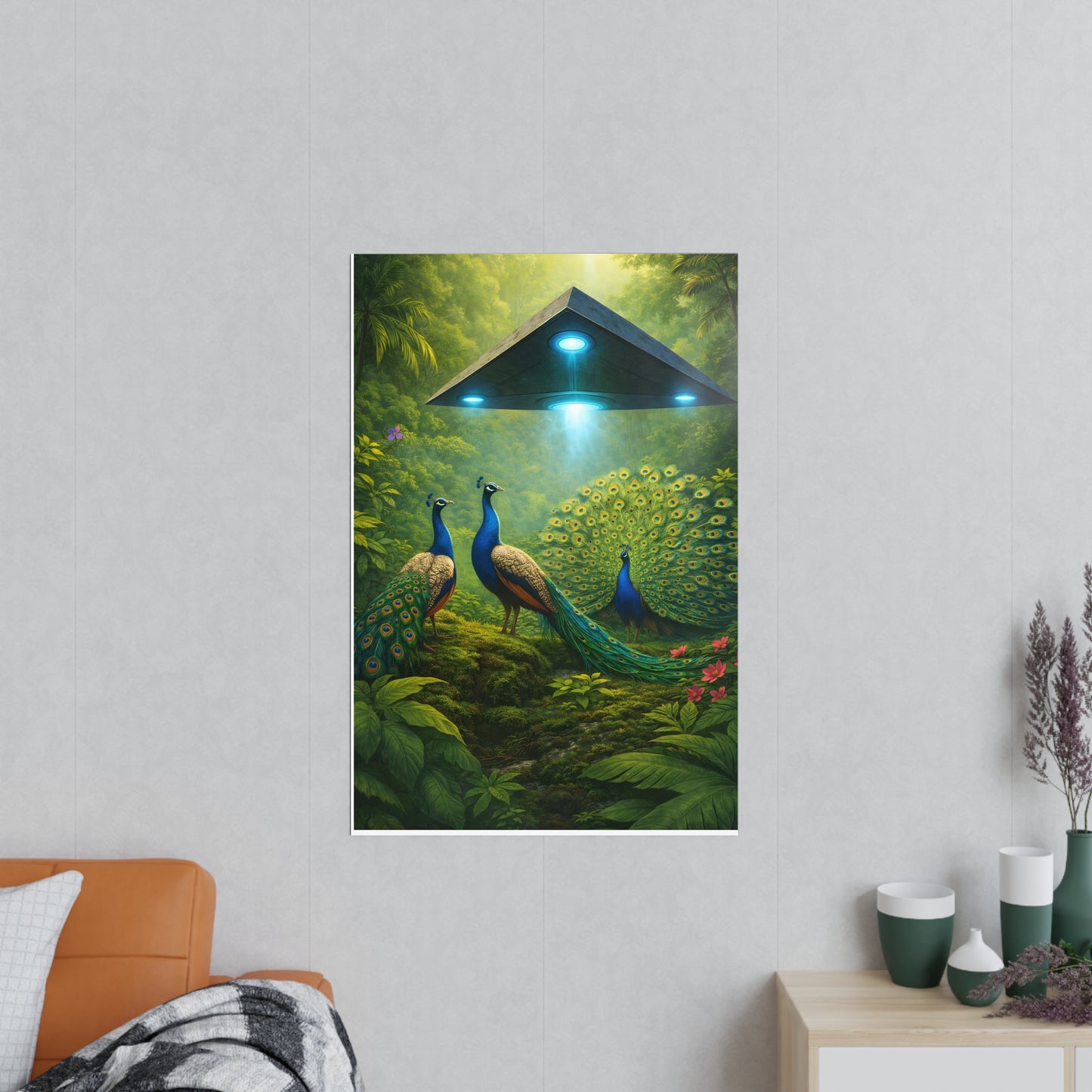 Photopaper Poster — UFO & Peacocks Sci‑Fi Wall Art