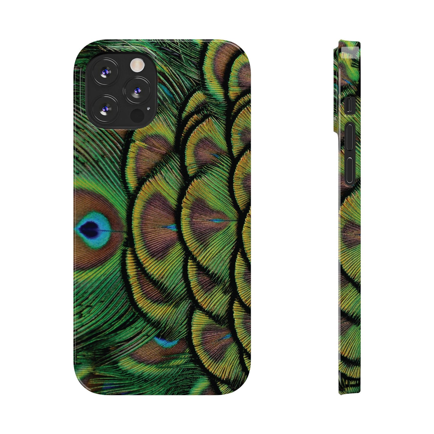 Slim Phone Cases - Brilliant Green Peacock Feathers