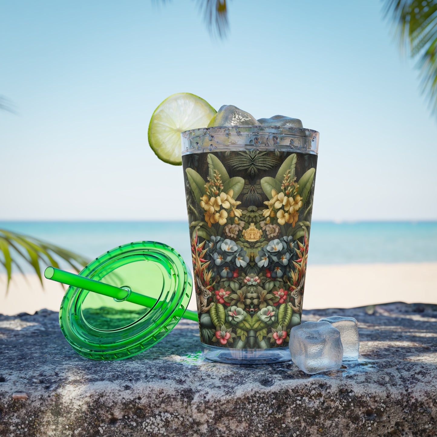 Tropical Tumbler with Straw | 16oz Colorful Travel Cup / Rainforest Rabbit Outing