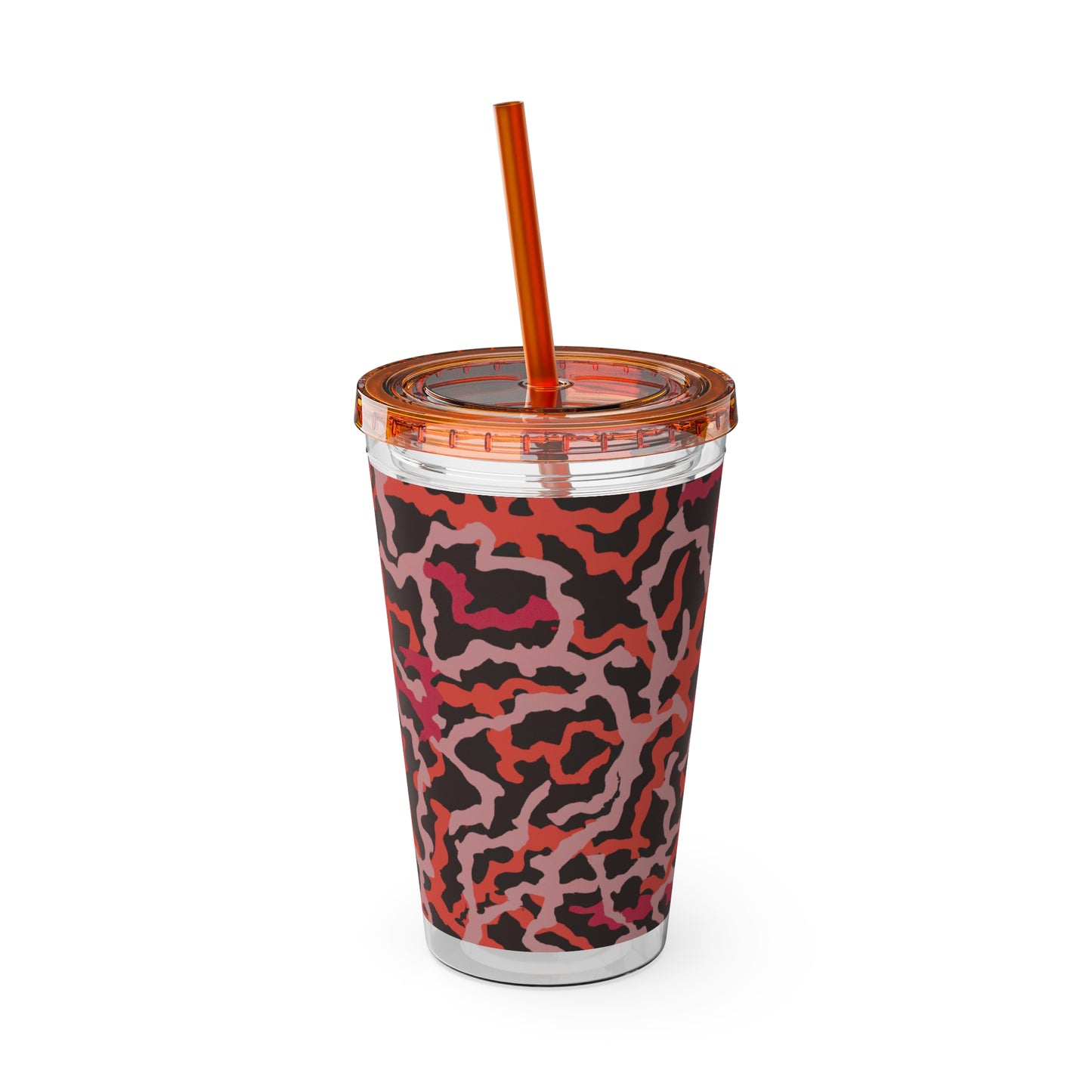 Tropical Tumbler with Straw | 16oz Colorful Travel Cup / Coral Threads, Red
