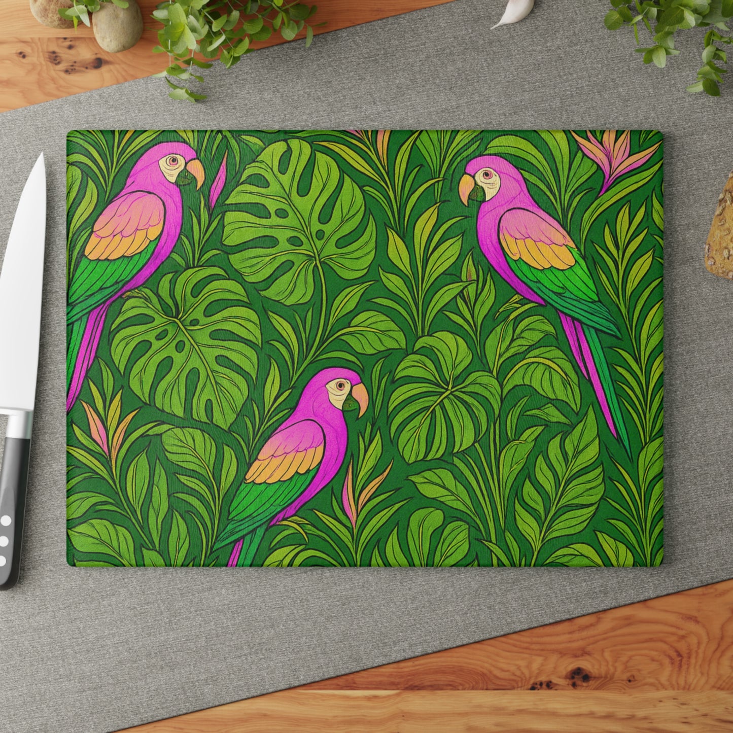 Glass Cutting Board, 2 sizes - Parrot Family/Pink