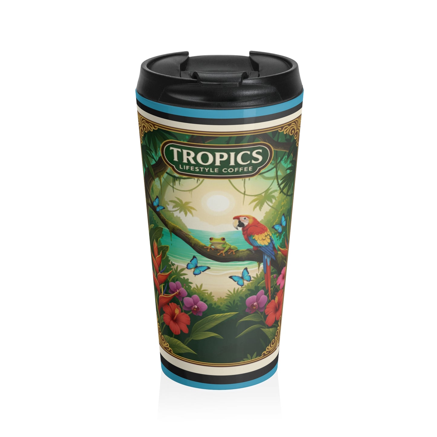 15 oz. Stainless Steel Travel Mug / Parrot & Friends, Turquoise