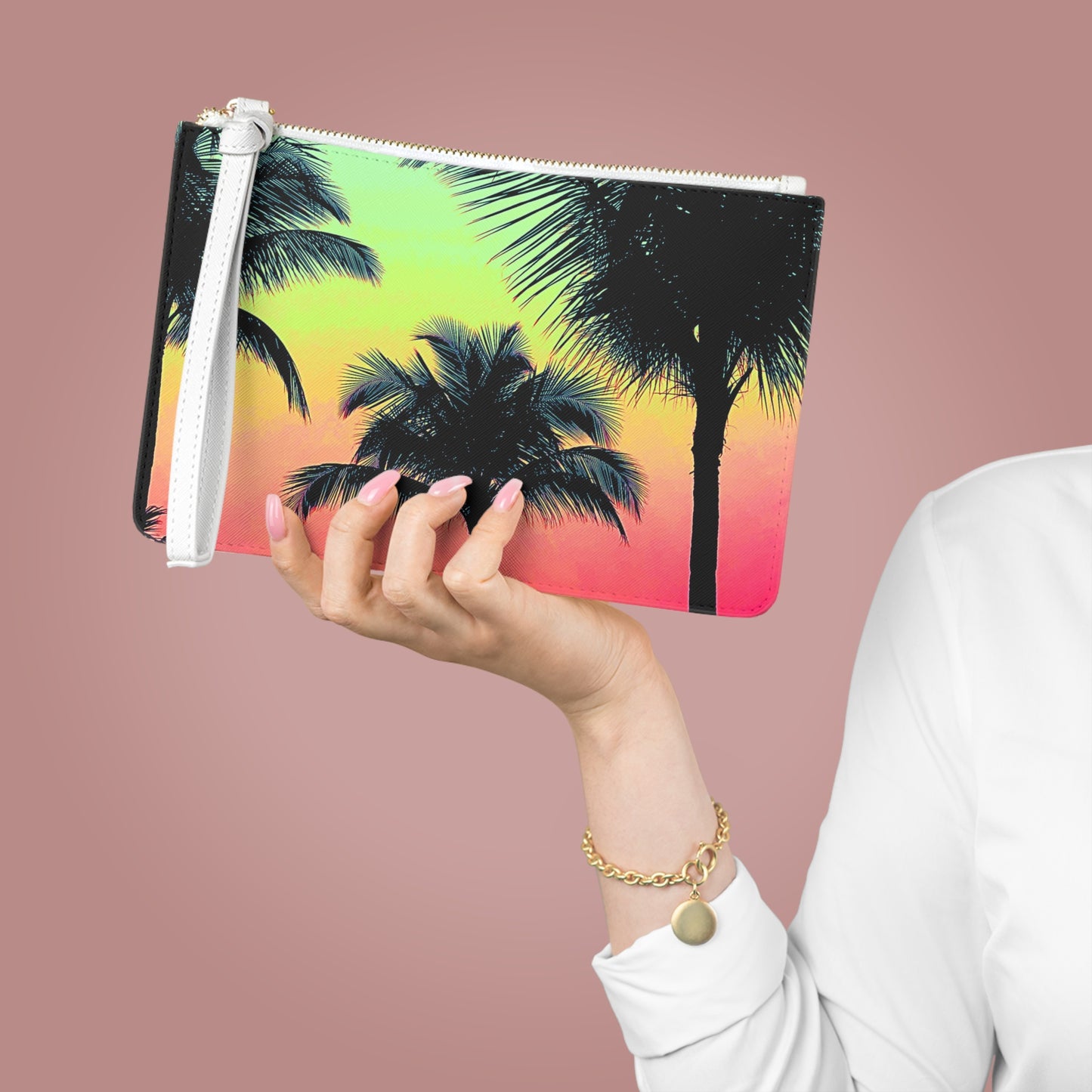Tropical Faux Leather Clutch Bag - Perfect for Beach Adventures & Summer Vacations / Palm Glow, Sangria
