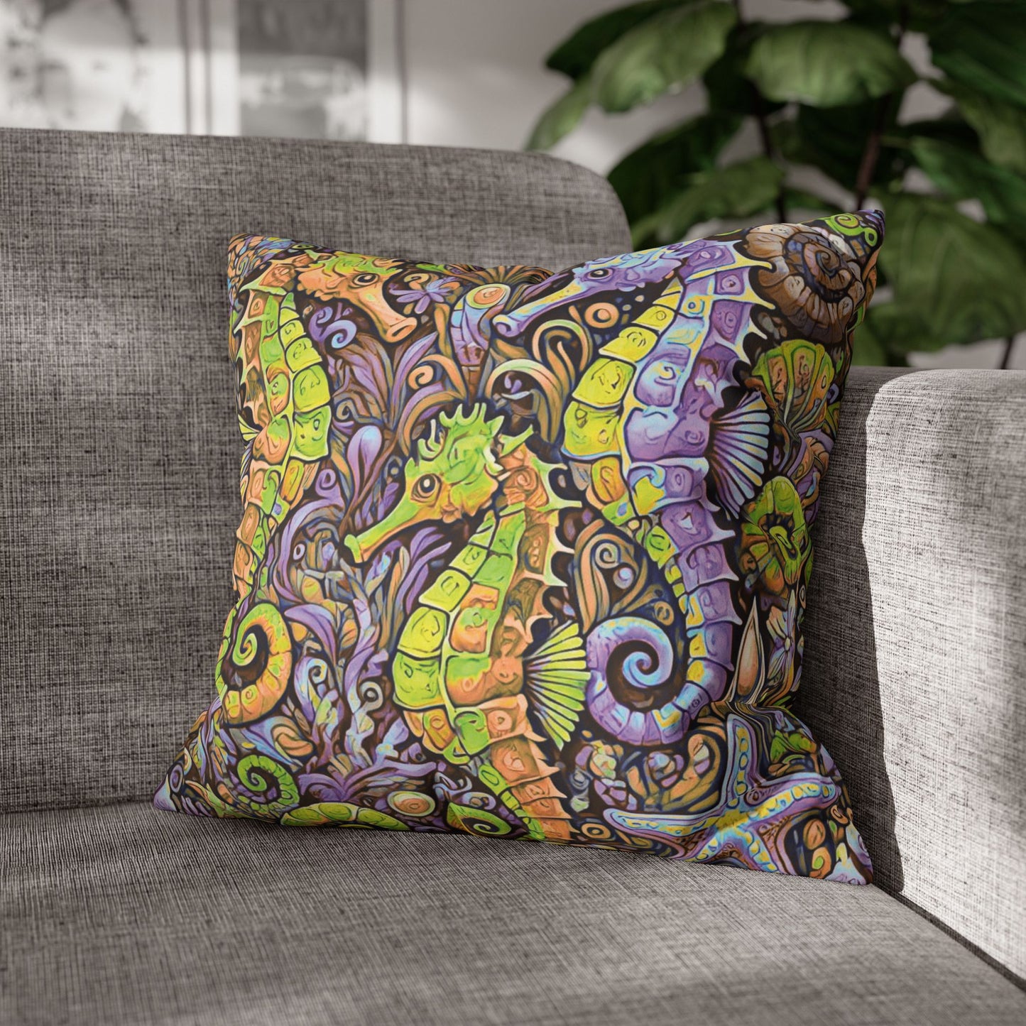 Faux Suede Square Pillowcase - Seahorse Trio, Purple