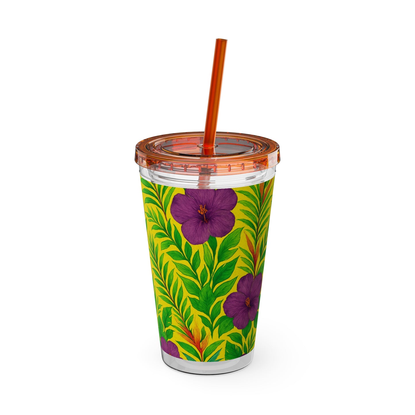 Tropical Tumbler with Straw | 16oz Colorful Travel Cup / Midnight Flower Yellow