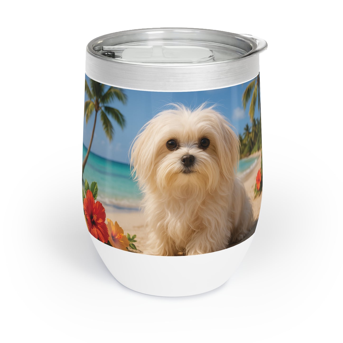 Chill Wine Tumbler with Puppy Ariel at the Beach