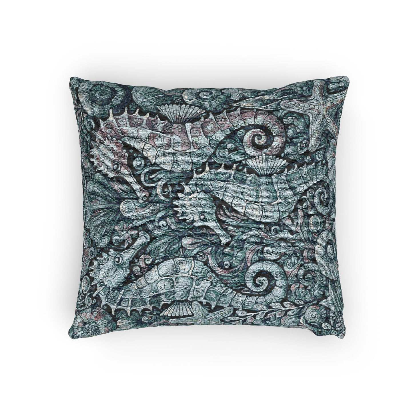 Woven Pillow, 17"W x 18"L - Seahorse Trio, Blue