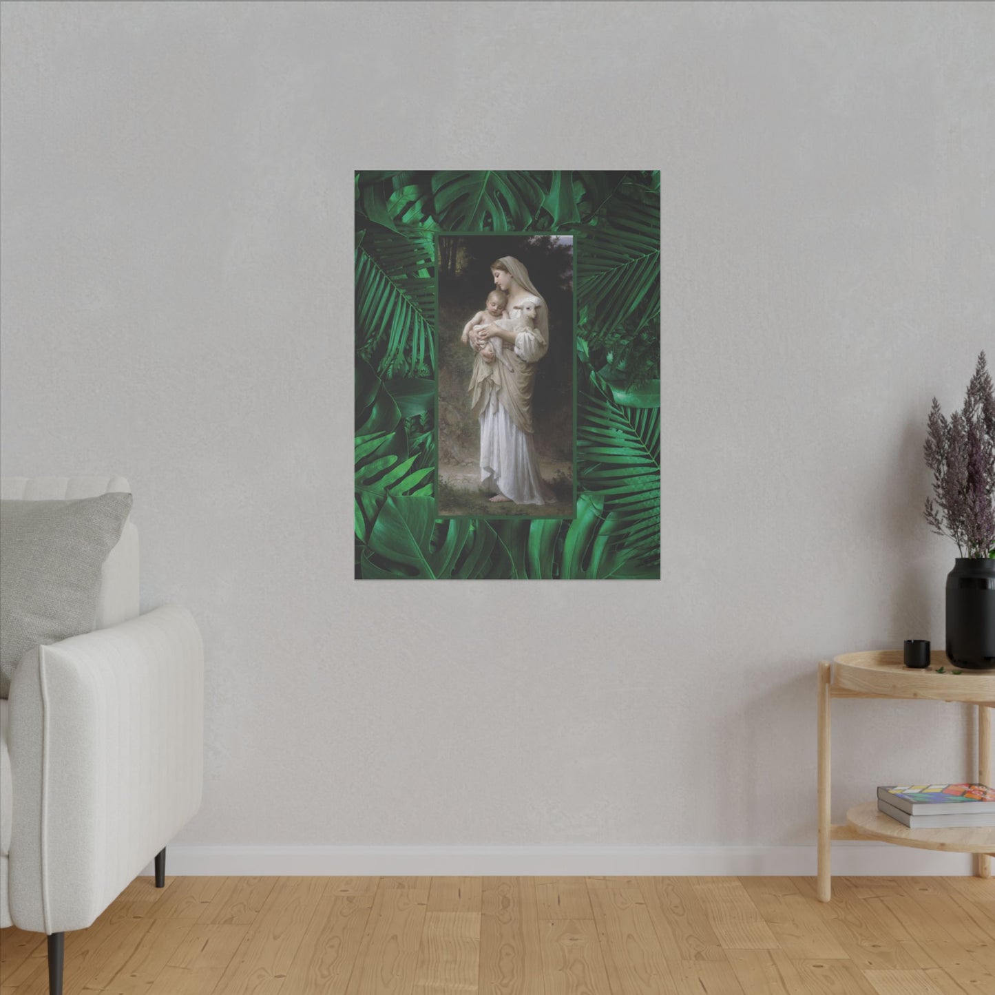 "Tropical Rainforest Innocence" Religious Canvas Artwork - Stretched Canvas Print / Virgin Mary & Jesus