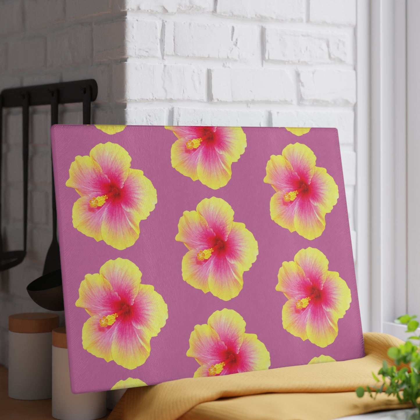 Glass Cutting Board, 2 sizes - Real Yellow & Pink Hibiscus/Lt. Pink