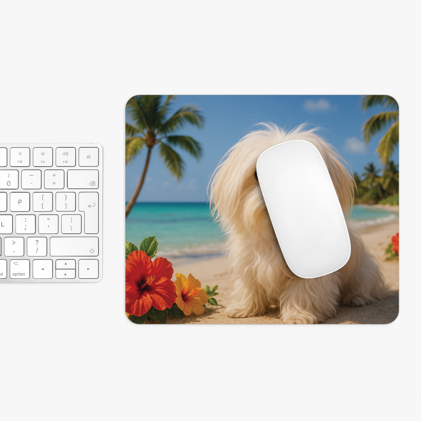 Tropical Mouse Pad, 2 Shapes - Fun Vibes for Home Office & Gamer / Puppy Ariel on the Beach