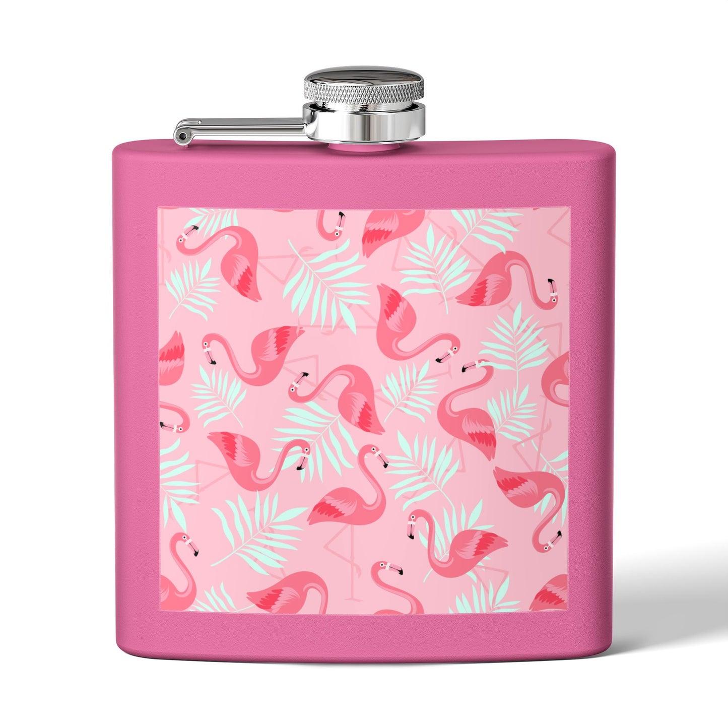 Tropical Stainless Steel 6 oz. Flask, Many Colors  – Flamingos and White Palms