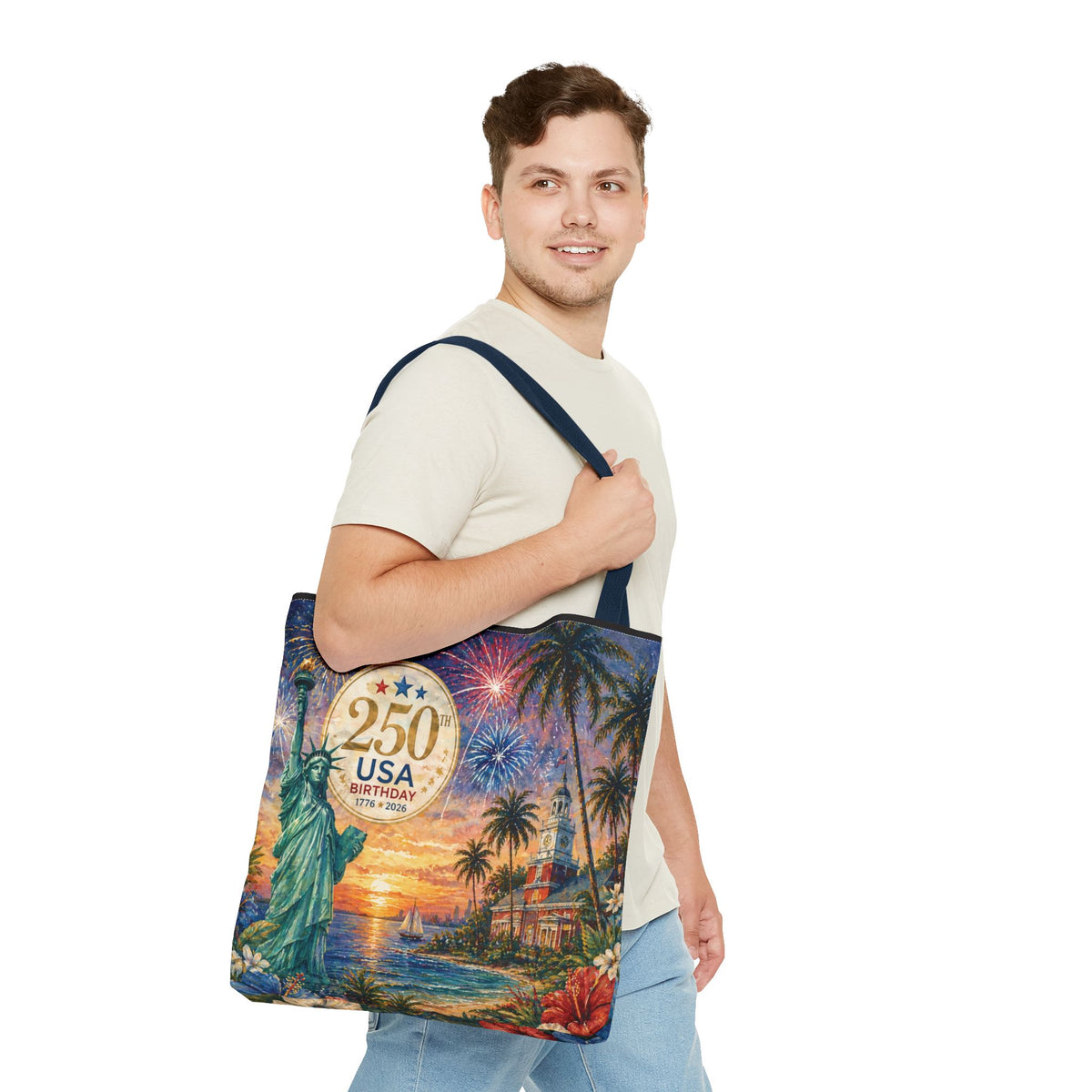 Tote Bag — 250th USA Birthday Patriotic Beach Tote with Statue of Liberty & Fireworks