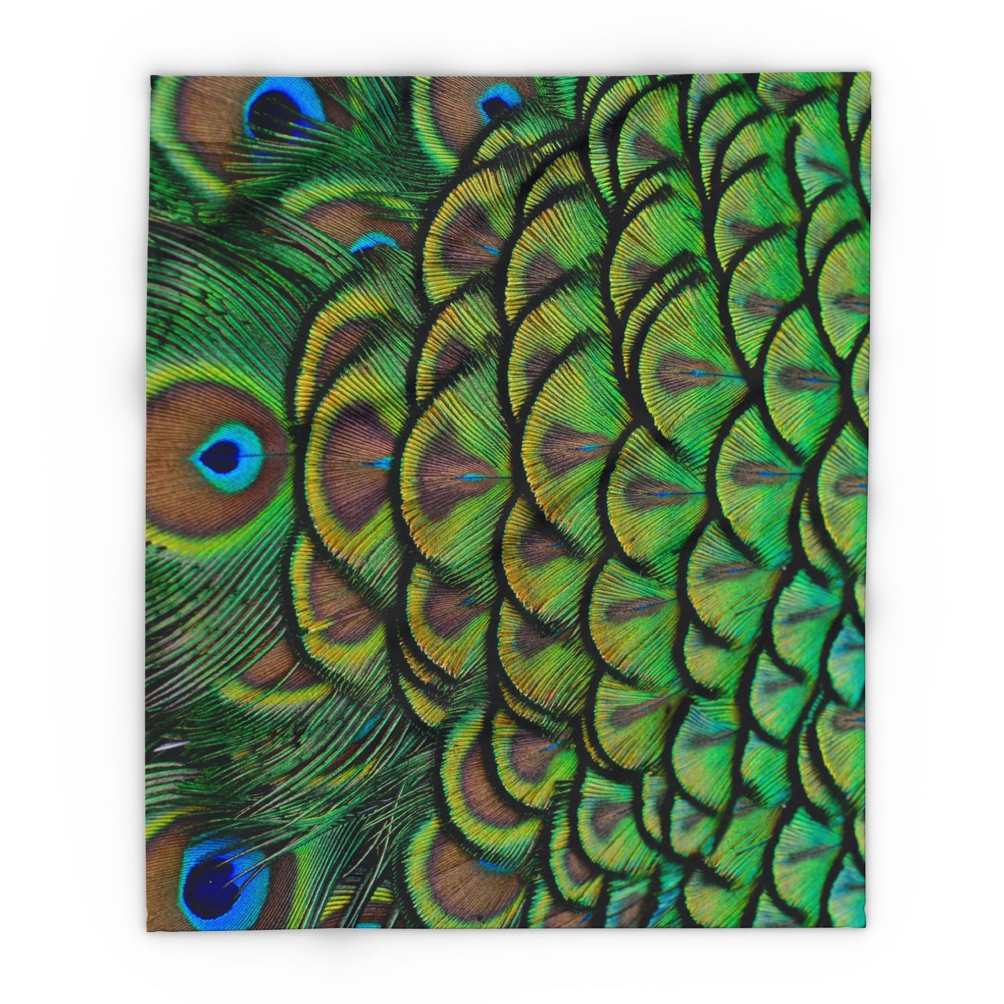 Green Peacock Feathers Fleece Blanket - Colorful Tropical Design, 3 Sizes