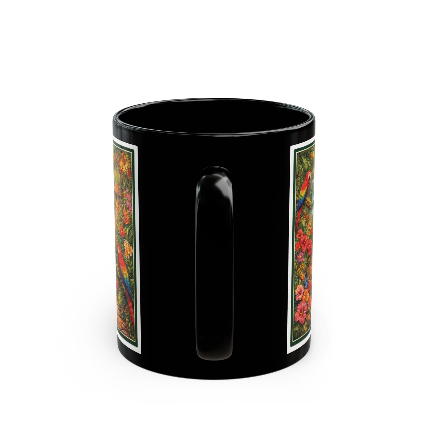 Tropical Parrot Black Mug — Colorful Jungle Scene Coffee Cup (11oz/15oz)
