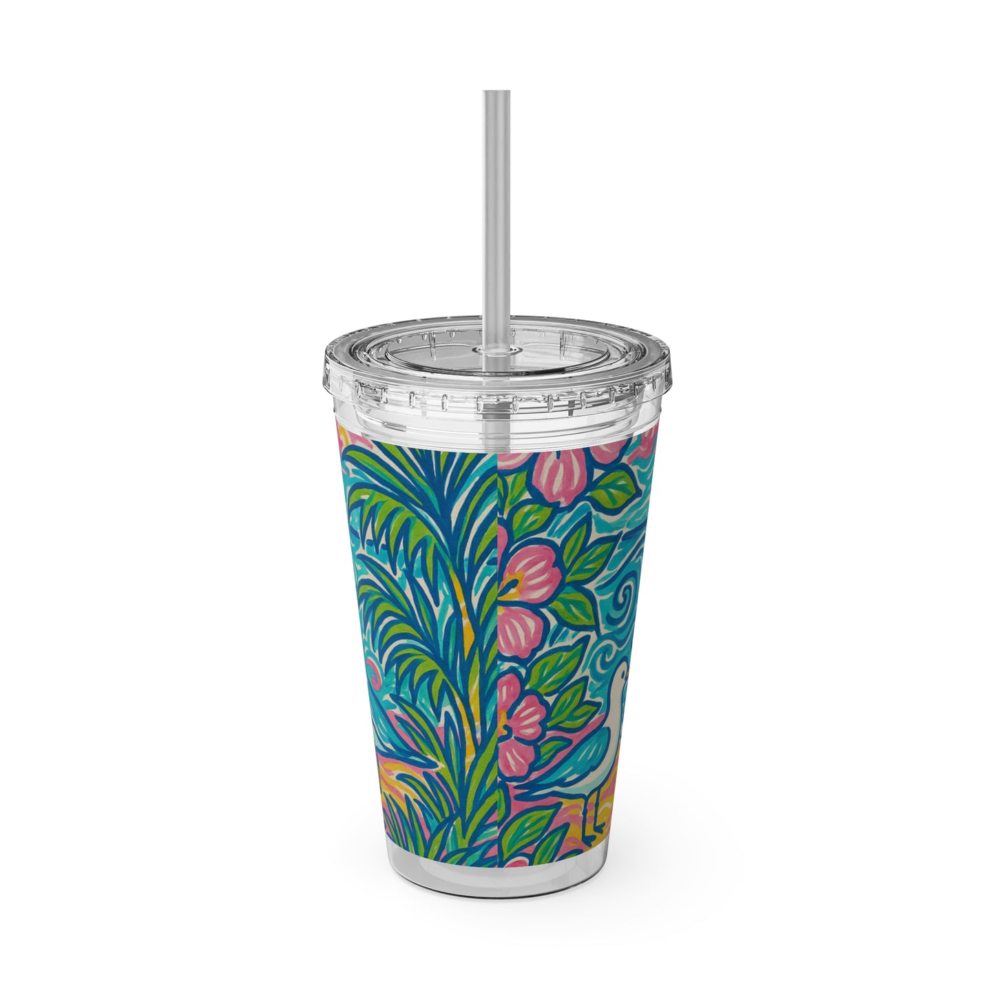 Tropical Tumbler with Straw | 16oz Colorful Travel Cup / Tropical Beach Seagulls