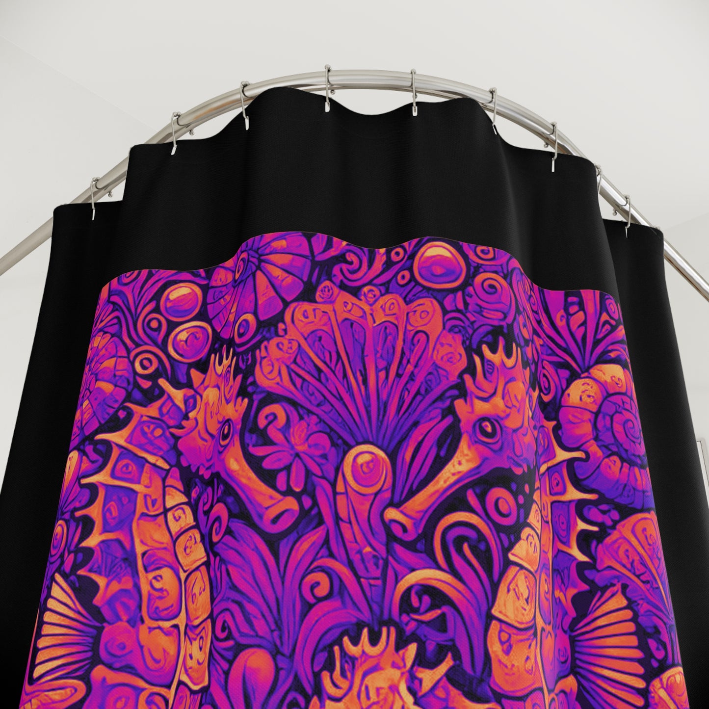 Tropical Shower Curtain - Ocean Bathroom Decor / Seahorse Trio Heatwave/Black