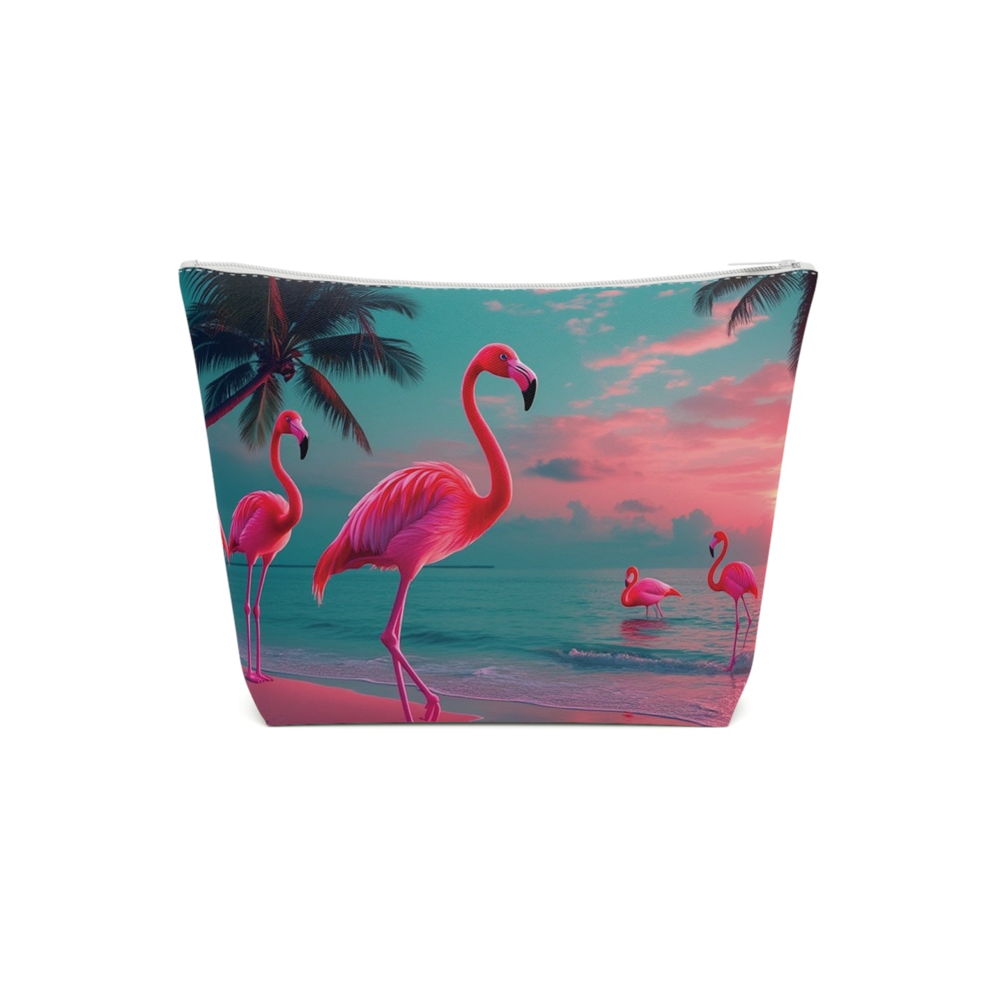Tropical Cotton Cosmetic Bag, Makeup Pouch, 5 Sizes / Neon Flamingos at Night