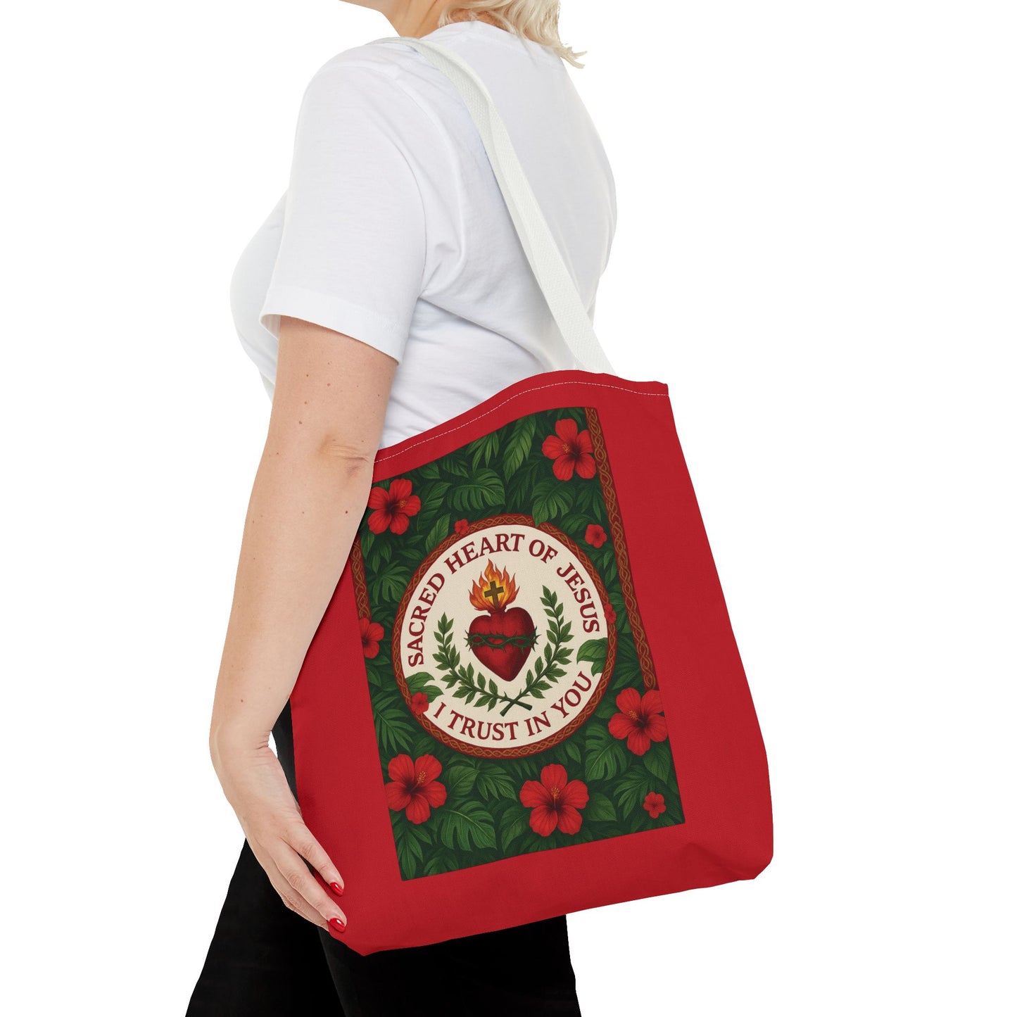 Religious Tote Bag - 3 Sizes / Sacred Heart of Jesus Prayer, Red