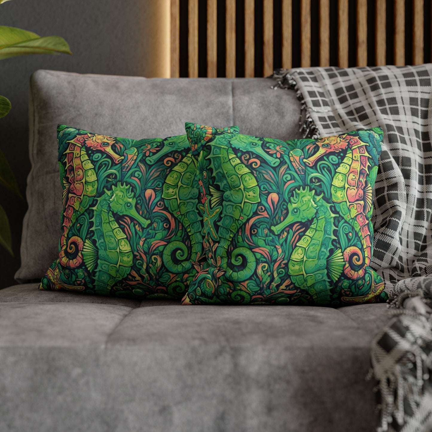 Faux Suede Square Pillowcase - Seahorse Trio/Hot Lime