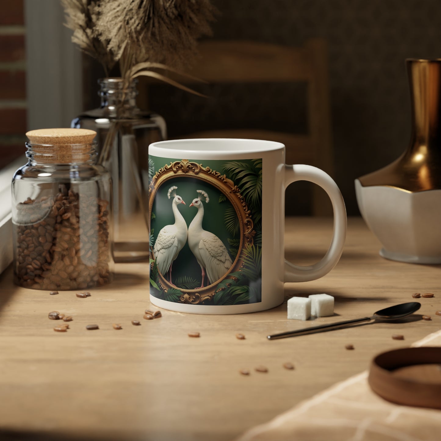 Jumbo Mug, 20oz, Framed White Peacocks | Tropical Coffee Cup