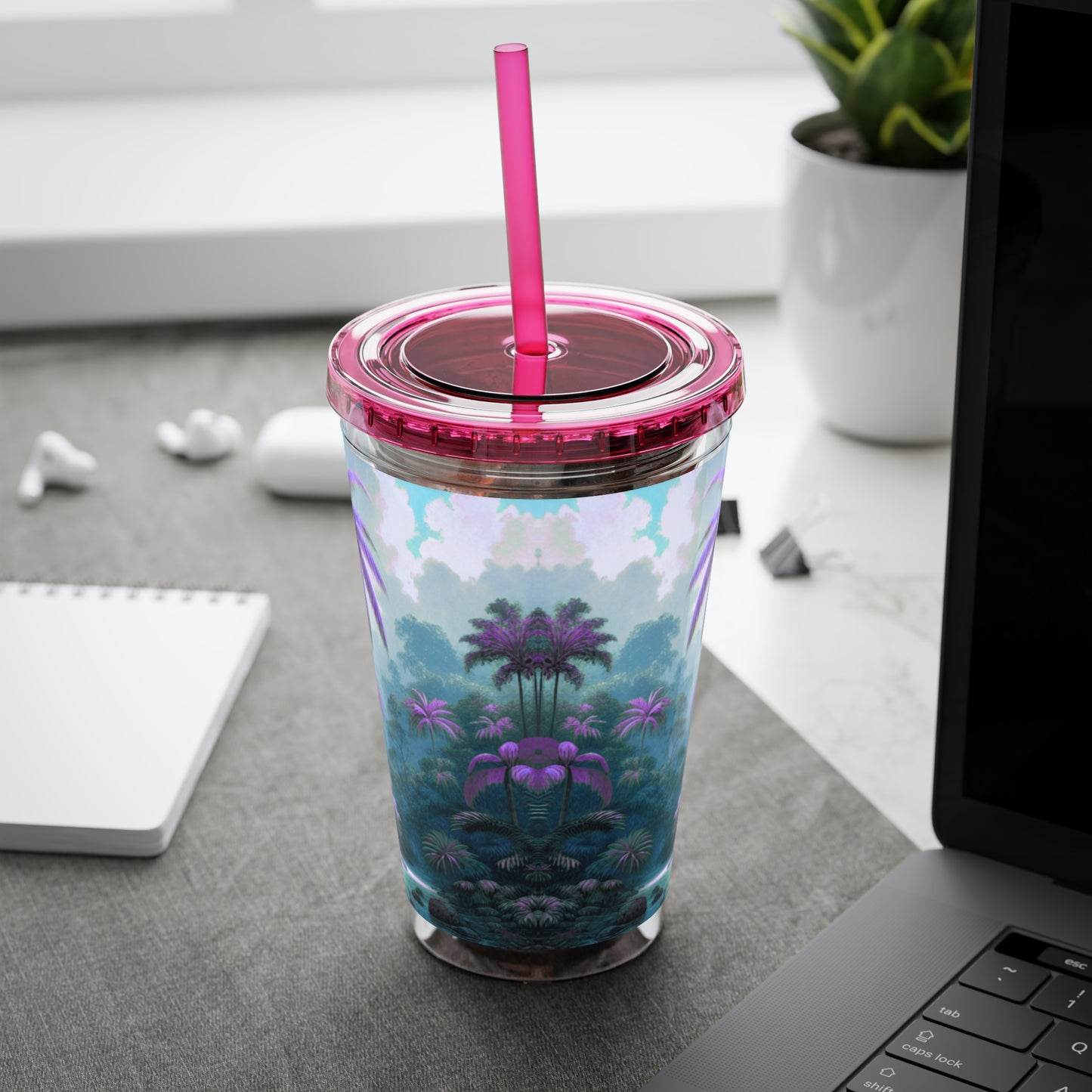 Tropical Tumbler with Straw | 16oz Colorful Travel Cup / Sleeping Parrot/Fantasy