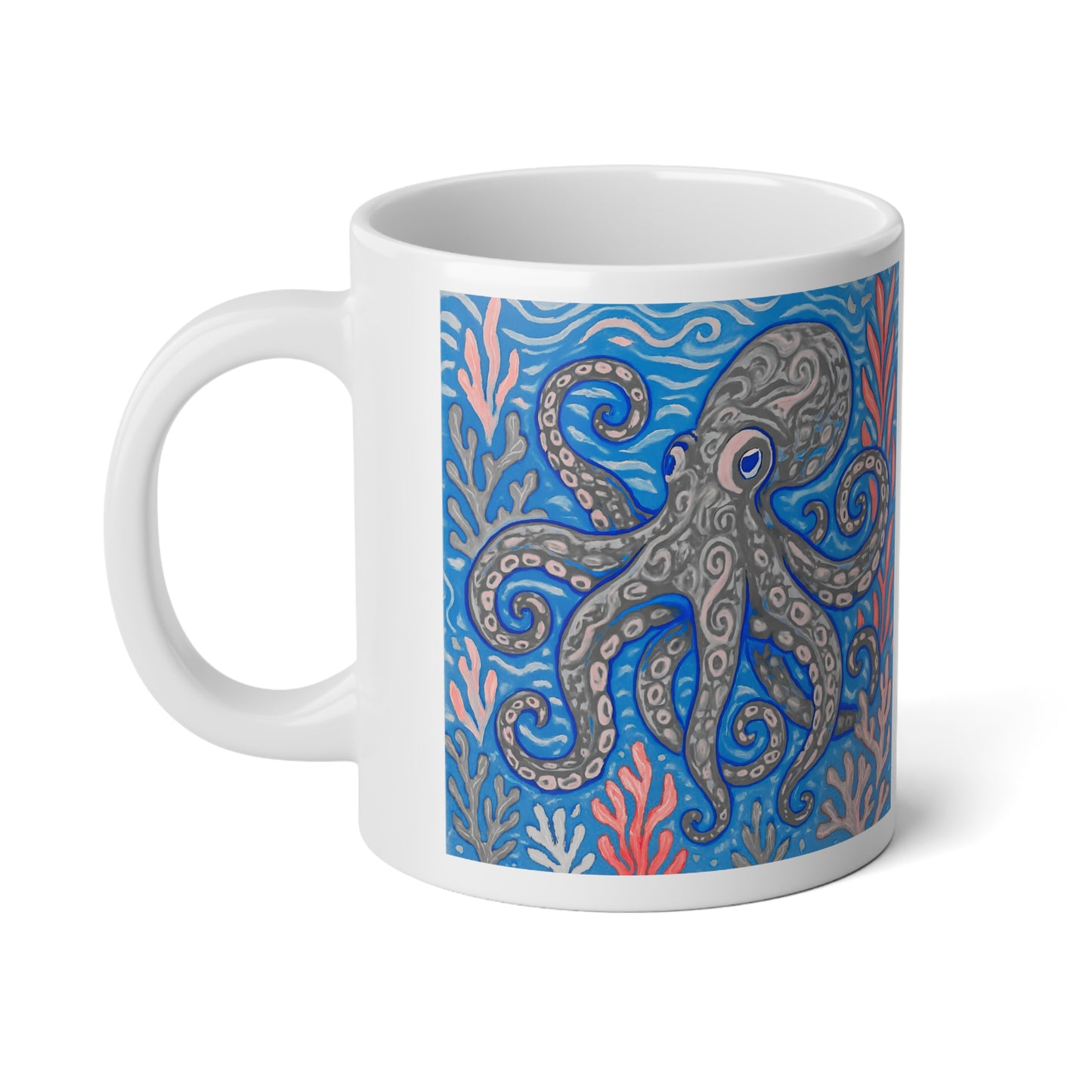 Jumbo Mug, 20oz, Octopus Kraken Joe, Grey | Tropical Coffee Cup, Gift for Ocean Lovers