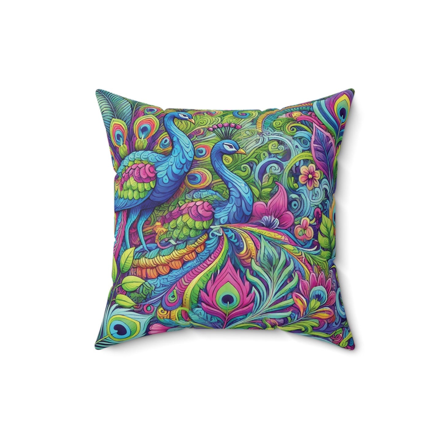 Spun Polyester Square Pillow - Rainforest Peacocks Pop