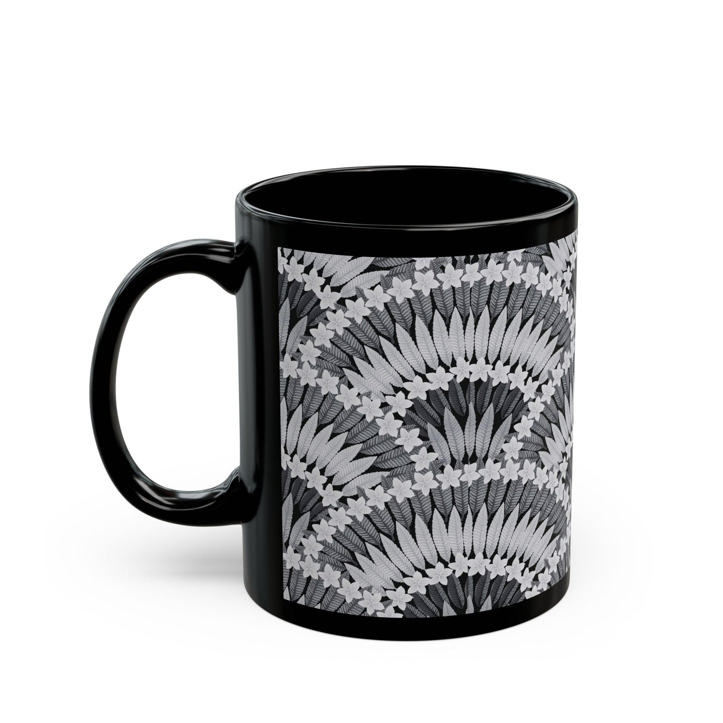 Black Mug (11oz, 15oz), Plumeria and Palms, Black