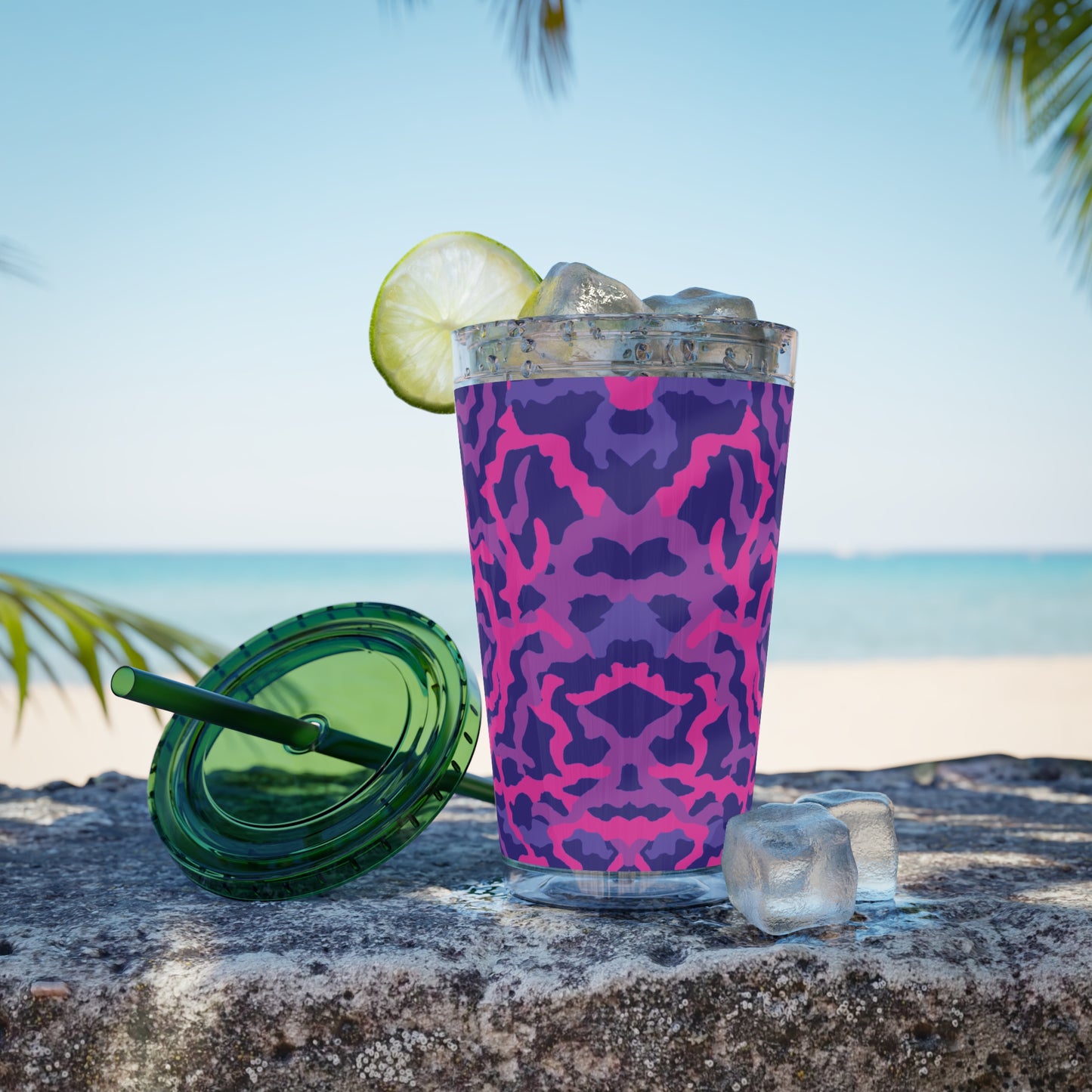 Tropical Tumbler with Straw | 16oz Colorful Travel Cup / Coral Threads, Heatwave