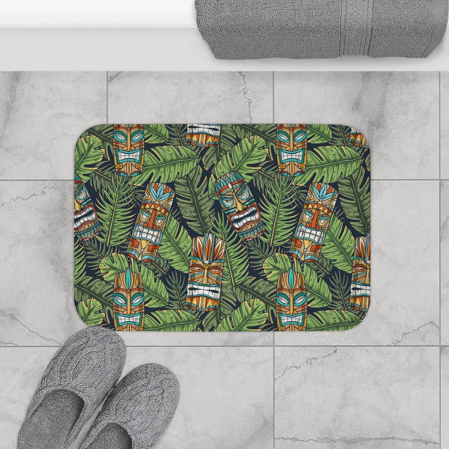 Tropical Tiki Bath Mat - Vibrant Floral Design for Bathroom Decor / Tiki Greenery