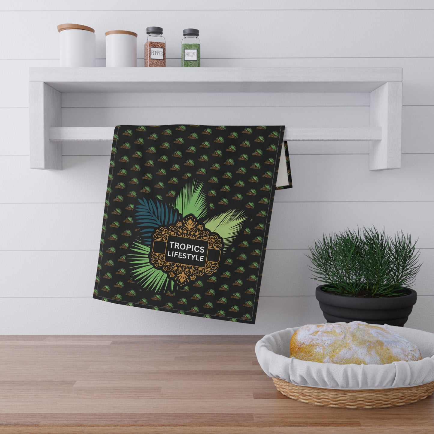 Tea Towels (cotton, poly), Tropics Lifestyle Deco Plant Logo, Micros Black