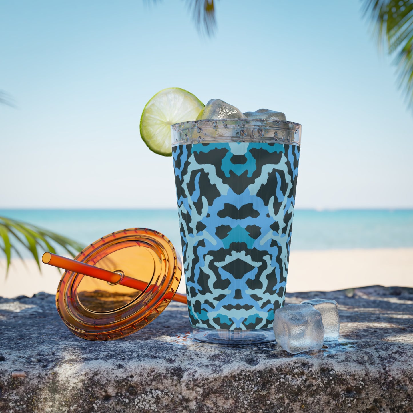 Tropical Tumbler with Straw | 16oz Colorful Travel Cup / Coral Threads, Blue