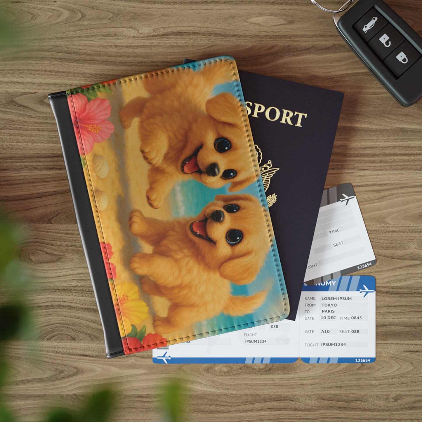 Tropical Passport Cover, Faux Leather - RFID blocking for travel security / Puppies on the Dog Beach
