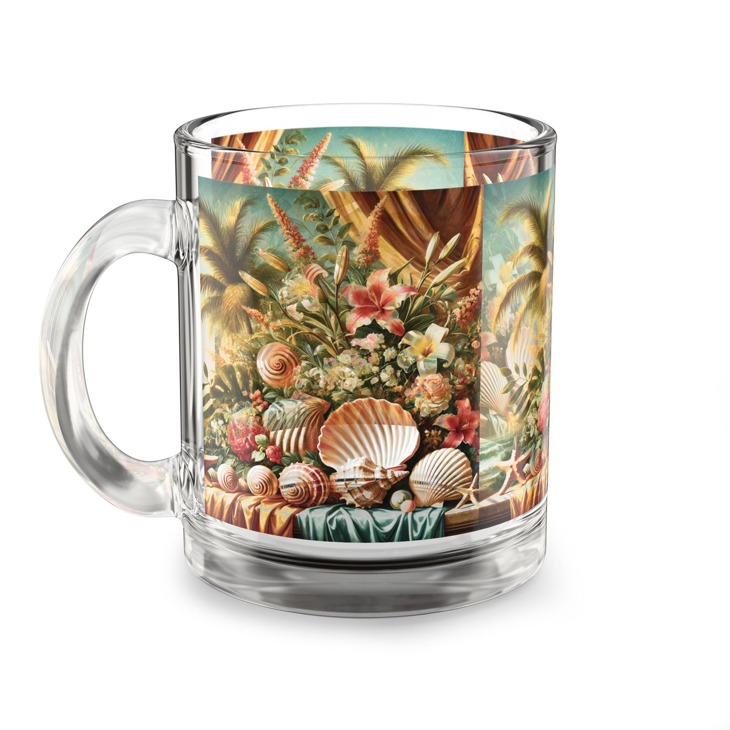 Tropical Glass Mug - 10oz Coffee Cup / Shell and Flower Tablescape